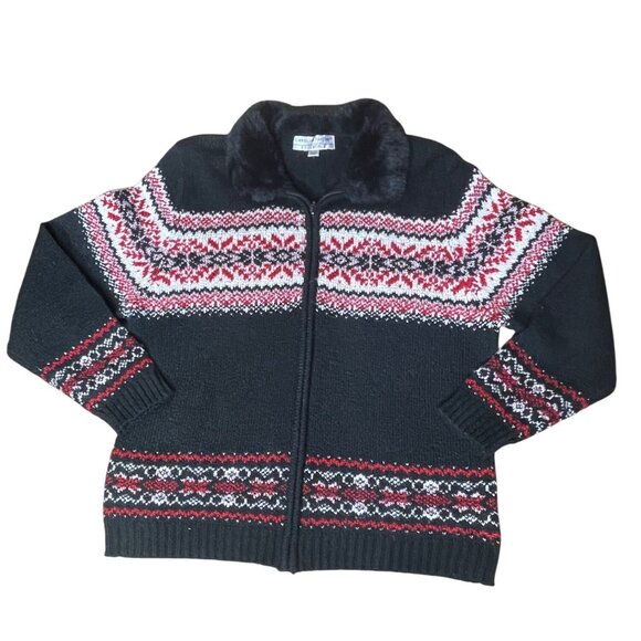 Carolyn Taylor Women's Nordic Winter Sweater Winter Holiday Zip Faux Fur Size XL - Picture 2 of 16